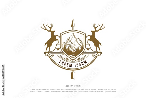 Shield Deer with Arrowhead Badge Emblem for Hunting Adventure Logo Design