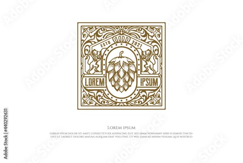 Square Elegant Luxury Shield Lion King Crown with Hop for Craft Beer Brewing Brewery Badge Emblem Label Logo Design