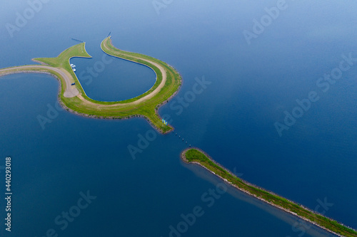 Aerial view from the drone of manmade Tulip island Tulpeiland Zeewolde, Netherlands.