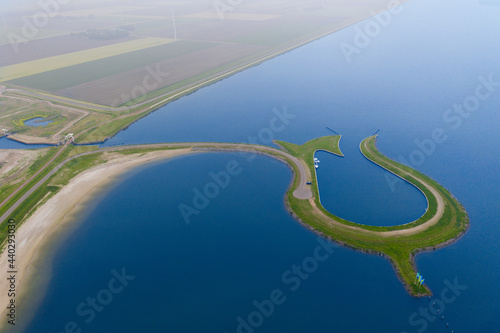 Aerial view from the drone of manmade Tulip island Tulpeiland Zeewolde, Netherlands. photo