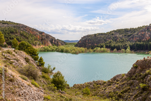 Tranquera reservoir situated in Nuévalos, Zaragoza, Aragón, Spain. Beautiful lake with mountains around it.
