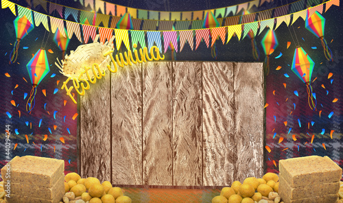 Festa Junina celebration, brazilian typical party of Saint John. Junina party written in portuguese, balloons, pennants and confetti. Background with space for text.