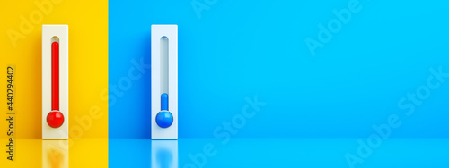 hot and cold thermometers, 3d rendering, control air conditioner concept, panoramic layout photo