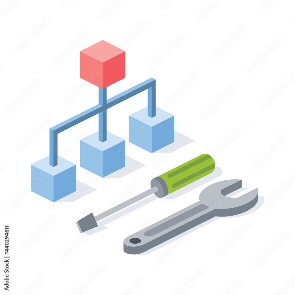 Algorithm sitemap, architecture development, wrench and screwdriver tools. Vector 3d symbol, isometric, color web icons, new flat style. Creative design idea, concept for infographics. Algorithm sitemap, architecture development, wrench and screwdriver tools. Vector 3d symbol, isometric, color web icons, new flat style. Creative design idea, concept for infographics.