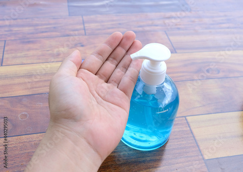 Hands and hand sanitiser, prevention concept of covid 19