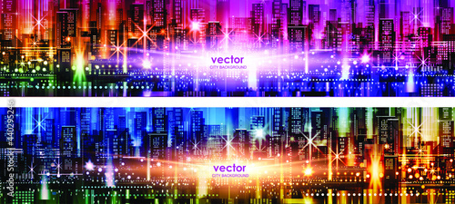 Vector illustration of a panorama of a large night city illuminated by neon lights. Modern buildings and skyscrapers. Abstract futuristic city vector banner, cityscape background header.
