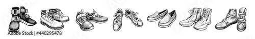 Hand drawn sketch of different pairs shoes. Boots, sneakers, moccasins isolated on a white background. Concept of comfort shoes in modern casual style. Side view. Vector illustration