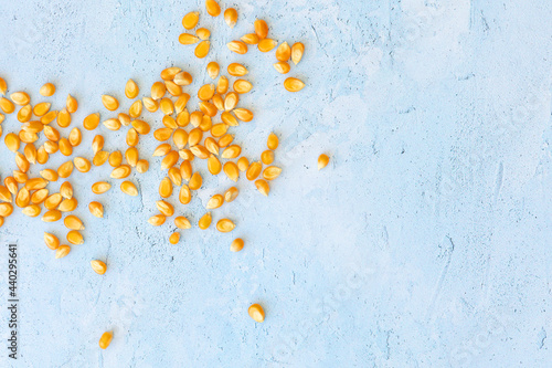 Popcorn kernals on blue background