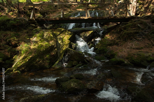 Wooden bridge over the waterfall Liščí vodopád on the creek Zelený potok at Pec pod Sněžkou in Giant Mountains, Czech Republic, Europe
