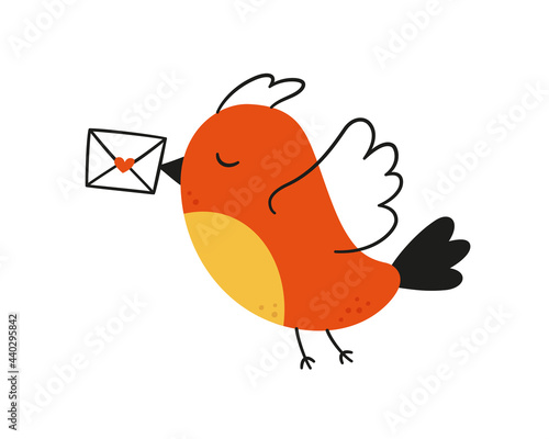 Cute bird carries a love letter. The postman Bird. Valentine card. Vector illustration in hand drawn style on white background.