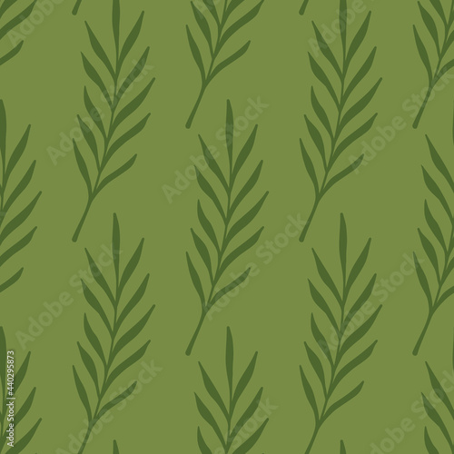 Leaf twigs doodle seamless pattern in abstract foliage style. Green background. Decorative ornament.