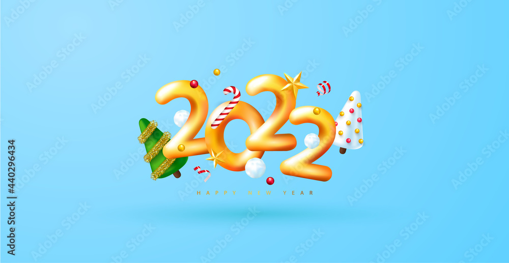 Obraz premium 2022 Happy New Year. 3d render gold metallic sign and decorative christmas decoration. Festive New Year greeting card 2022. Christmas Poster, banner, cover card, brochure, flyer, layout design.
