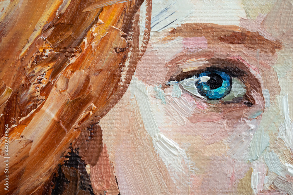 Female blue eye close up. Fragment of art painting.