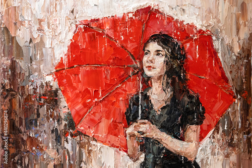 Fototapeta Naklejka Na Ścianę i Meble -  Girl with a red umbrella. Oil painting on canvas.