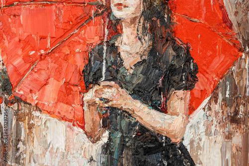 Fototapeta Naklejka Na Ścianę i Meble -  Girl with a red umbrella. Oil painting on canvas.