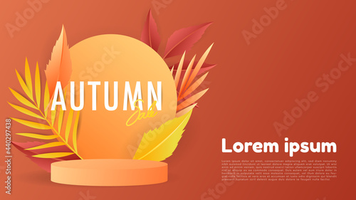 Autumn seasonal background frame with podium display minimum and autumn leaves with copy space for text on orange background , illustration 3D Vector EPS 10