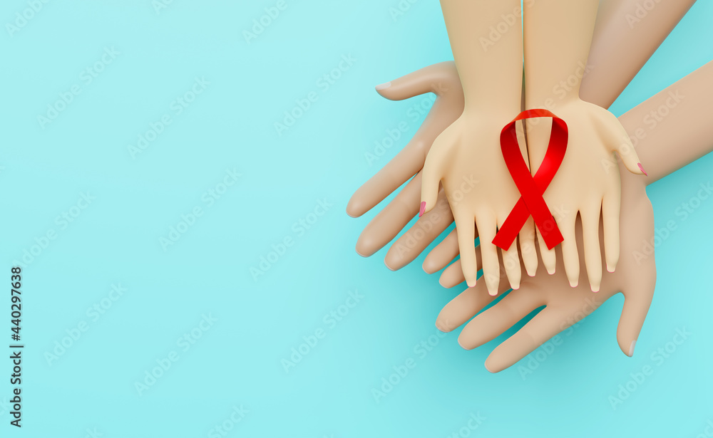 cartoon woman and man hands holding red ribbon with isolated on blue background with copy space. world AIDS day with hiv awareness concept ,3d render - obrazy, fototapety, plakaty 