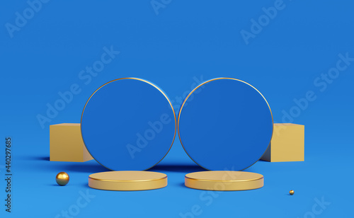 yellow cylinder podium empty with geometric shapes in blue composition for modern stage display and minimalist mockup  abstract showcase background  3d render