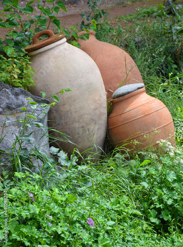 Big old clay jugs (amphoras) in a garden photo