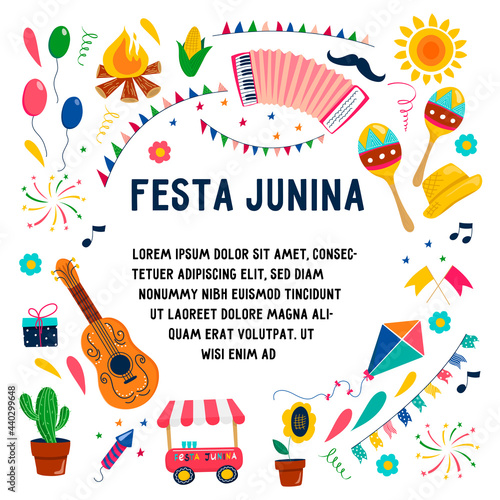 Festa Janina set of vector elements and editable text isolated on the background. Bonfire  maracas  accordion  guitar  garland  flags  characters  corn  balls  fireworks  firecracker.
