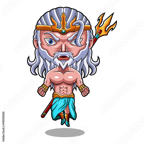 Poseidon chibi mascot logo with trident weapon  photo