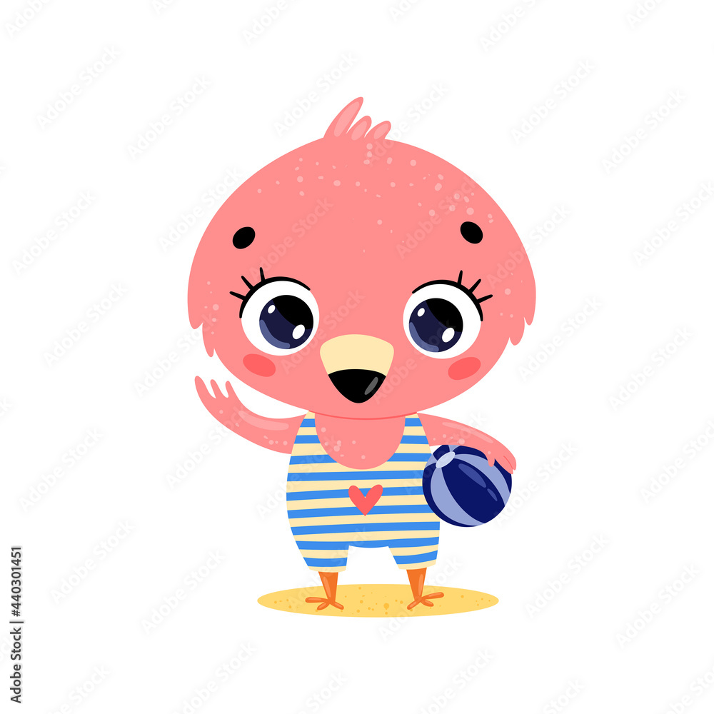 Flat vector illustration of cute cartoon summer tropical animals on the beach. Baby flamingo with beach ball Flat vector illustration of cute cartoon summer tropical animals on the beach. Baby flamingo with beach ball