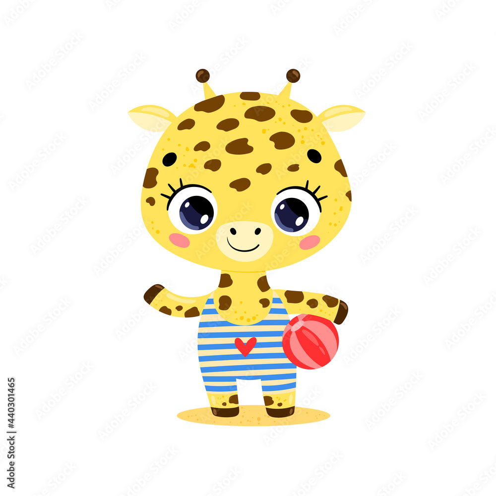Flat vector illustration of cute cartoon summer tropical animals on the beach. Baby giraffe with beach ball Flat vector illustration of cute cartoon summer tropical animals on the beach. Baby giraffe with beach ball