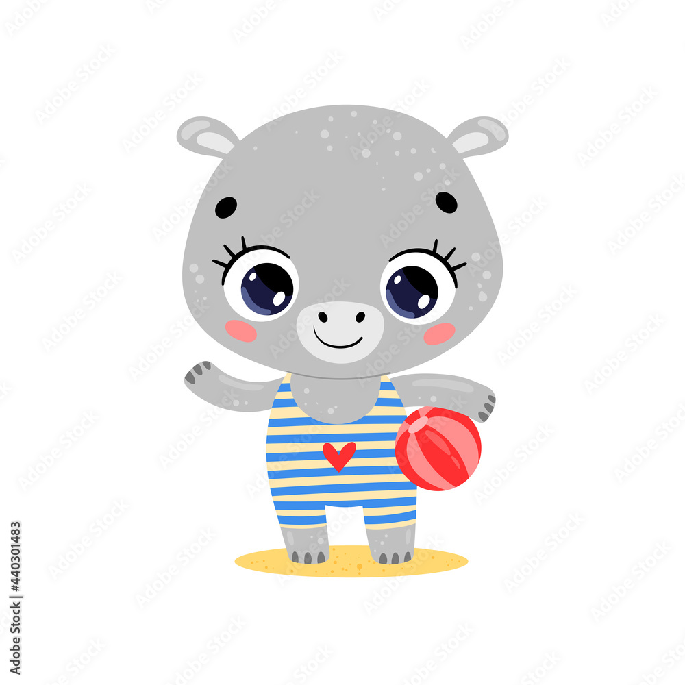Flat vector illustration of cute cartoon summer tropical animals on the beach. Baby hippo with a beach ball Flat vector illustration of cute cartoon summer tropical animals on the beach. Baby hippo with a beach ball
