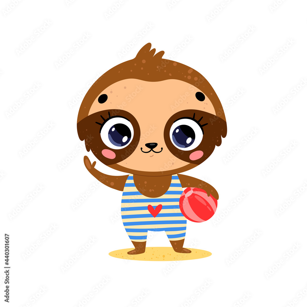 Flat illustration of cute cartoon summer tropical animals on the beach. Baby Sloth with Beach Ball Flat illustration of cute cartoon summer tropical animals on the beach. Baby Sloth with Beach Ball
