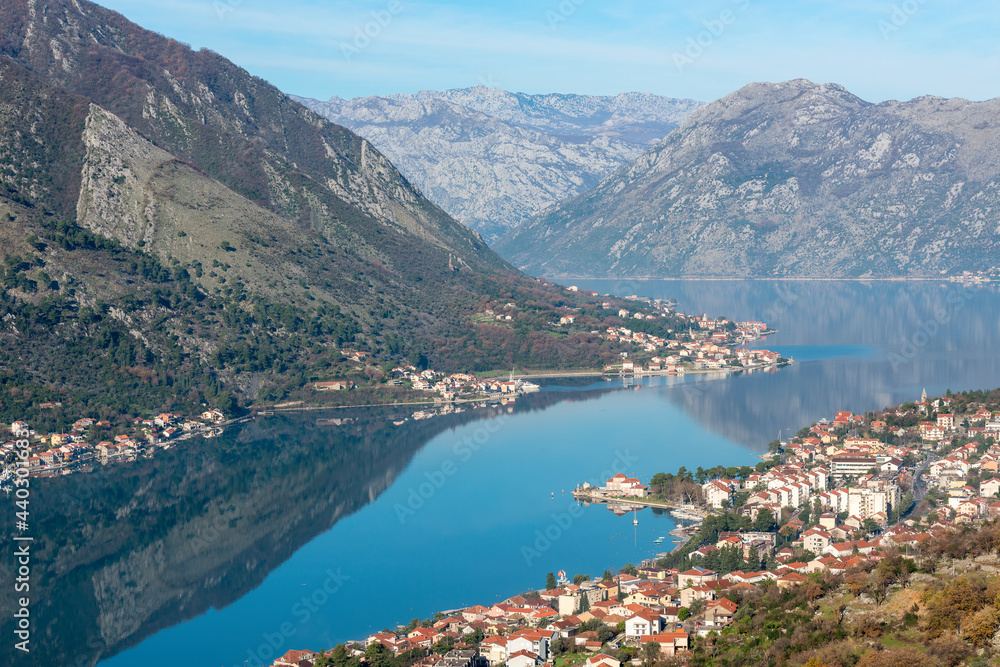 Fabulous view from a height of the small town of Kotor, Kotor fjord, Montenegro