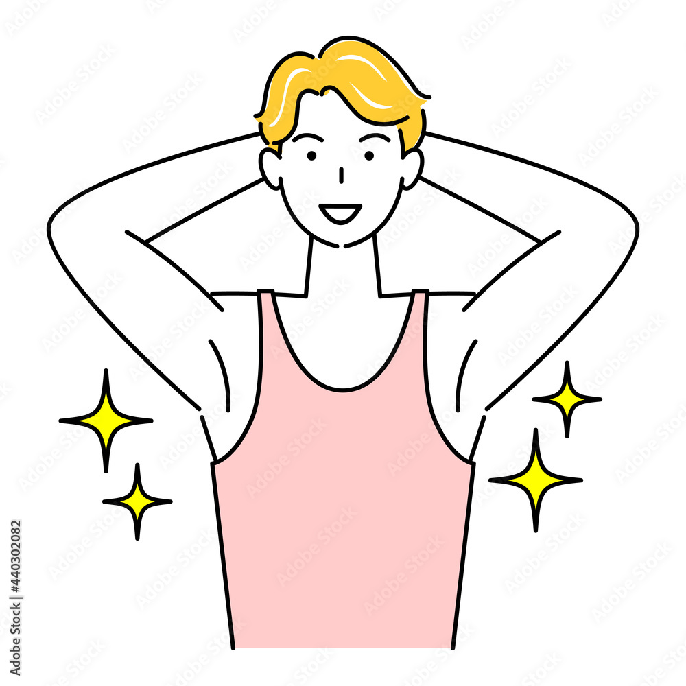 わき毛を脱毛し綺麗になった脇の下を見せている笑顔の可愛い男性 イラスト ベクター Armpits cleaned up after