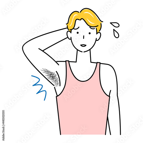 体毛（わき毛）を気にする可愛い男性 イラスト シンプル ベクター