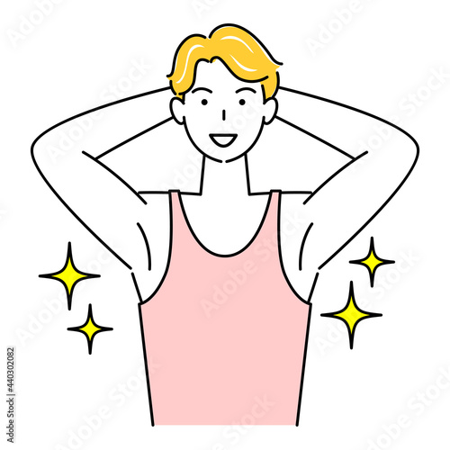 わき毛を脱毛し綺麗になった脇の下を見せている笑顔の可愛い男性 イラスト ベクター