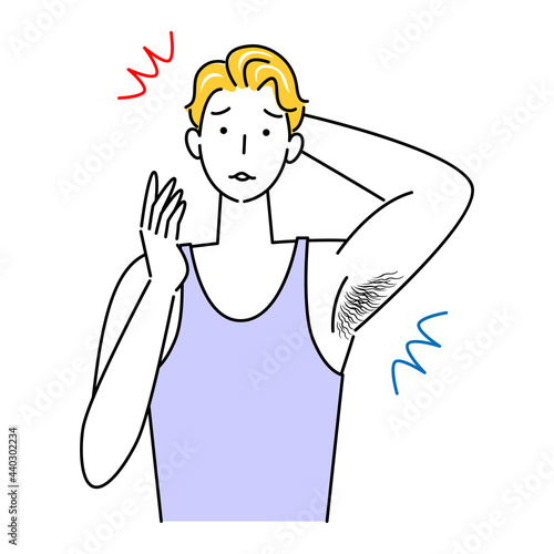 体毛（わき毛）を気にする可愛い男性 イラスト シンプル ベクター