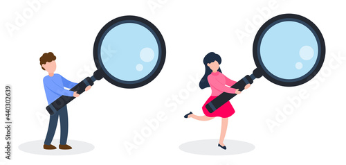 Man and woman hold magnifying glass or magnifier. Creative concept of search, analyze, curious, find, inspect, research or zoom. Trendy cute cartoon vector illustration. Flat graphic design icon.
