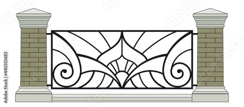 Art Nouveau Iron Fence With Brick Pillars. Urban Design. Decor. Vintage. Luxury Modern Architecture. Palace. City. Street. Park. Wrought Iron Railing. Handrail. Blacksmithing. Isolated. White. Vector