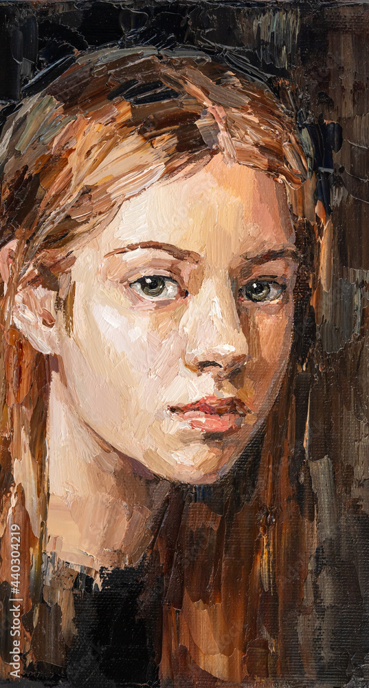 Oil painting. Portrait of a  red-haired girl. The art is done in a realistic manner.