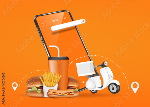 hamburgers, french fries, soft drink cans, hot dogs, next to the smartphone, and There's a motorcycle going forward for delivery and shopping online concept,vector 3d on orange background