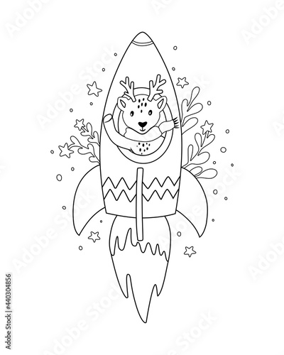 Baby deer in a rocket childrens coloring book. Illustration in the outline style. Vector