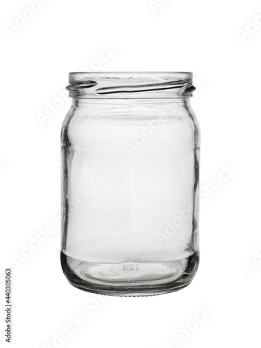 Glass, empty jar on a white background, close-up