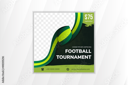 Football Tournament vector template for social media post feed. multicolored green flag for border of  photo space. transparency dot halftone pattern. photo