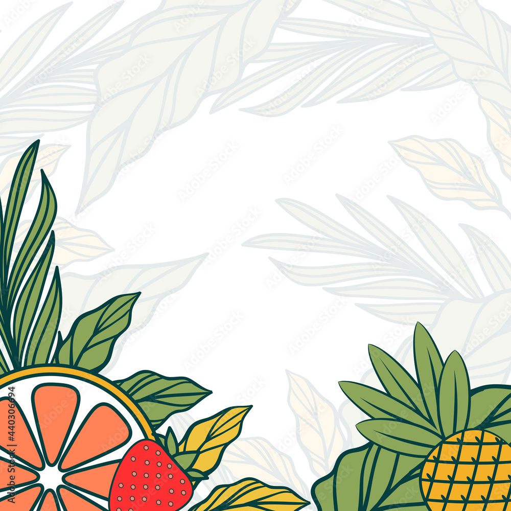 Naklejka premium social media background for summer with tropical leaves, oranges, pineapples, and strawberries. food and beverage background for social media content. 