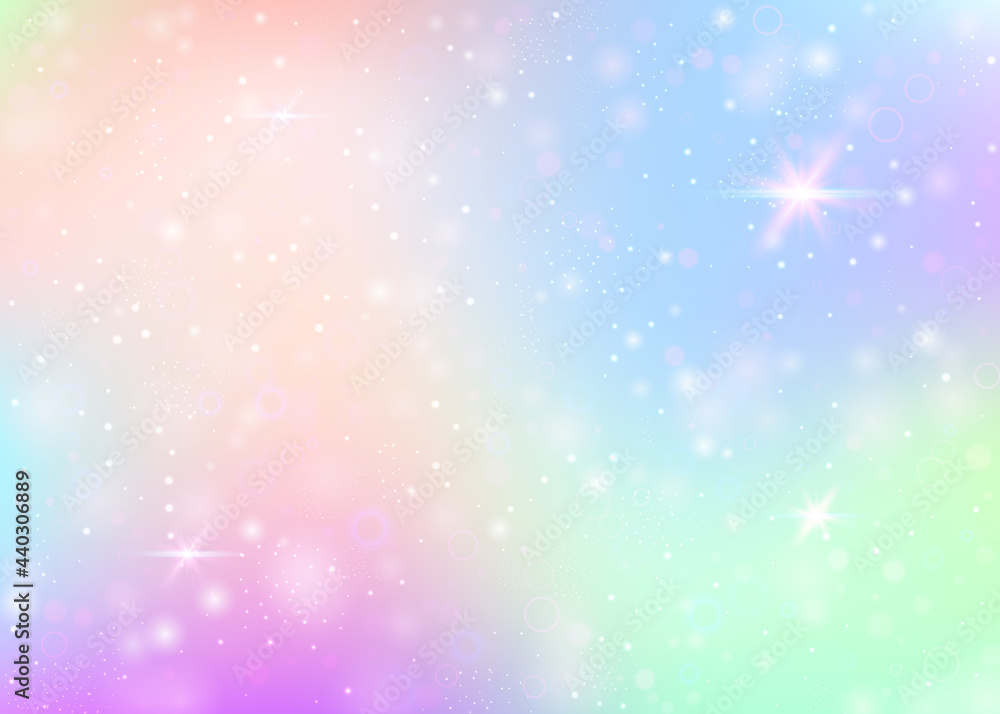 Magic background with rainbow mesh. Colorful universe banner in princess colors. Fantasy gradient backdrop with hologram. Holographic magic background with fairy sparkles, stars and blurs.