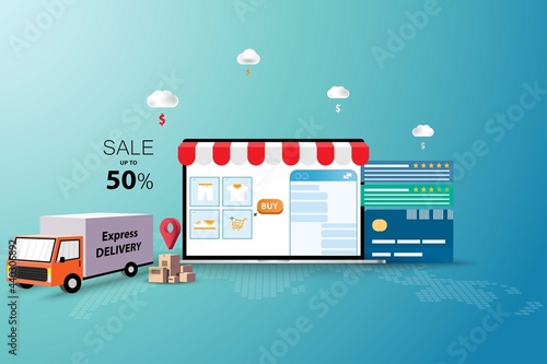 Concept of online shopping, truck is ready to deliver the goods from the store to customers that ordered from online website.