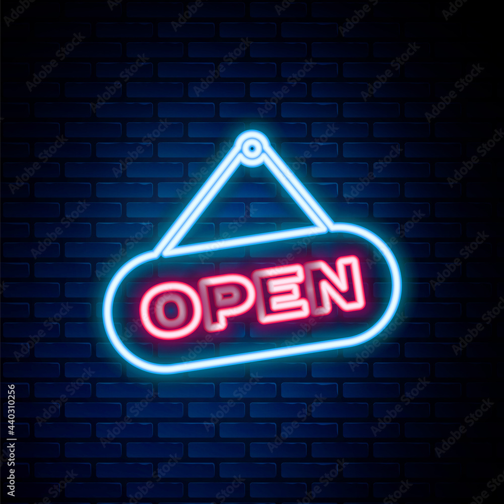 Glowing neon line Hanging sign with text Open door icon isolated on brick wall background. Colorful outline concept. Vector Glowing neon line Hanging sign with text Open door icon isolated on brick wall background. Colorful outline concept. Vector