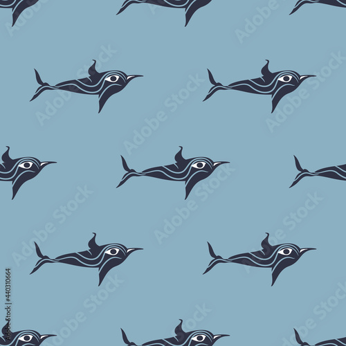 Seamless animal pattern with stylized funny dolphins or fish. Ancient Greek motif from Cyclades.