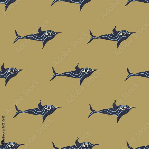 Seamless animal pattern with stylized funny dolphins or fish. Ancient Greek motif from Cyclades.