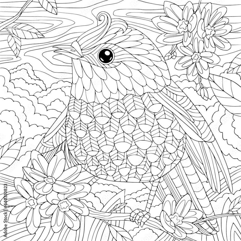 Tropical little bird on blossom branch with flowers. Coloring book page ...