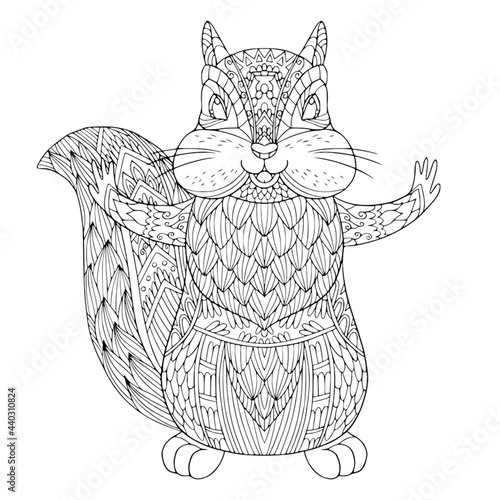 Cheerful chipmunk with furry tail. Fairy tale coloring book page for children and adult with zentangle elements. Vector isolated hand drawing.