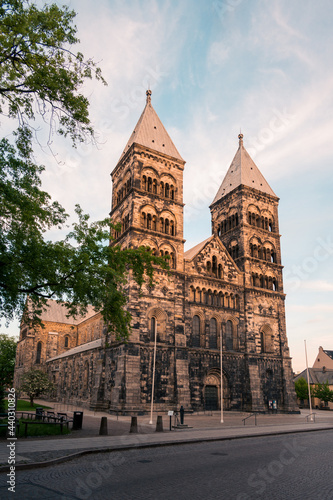 The medieval cathedral lit by the sunset in Lund Sweden during summer